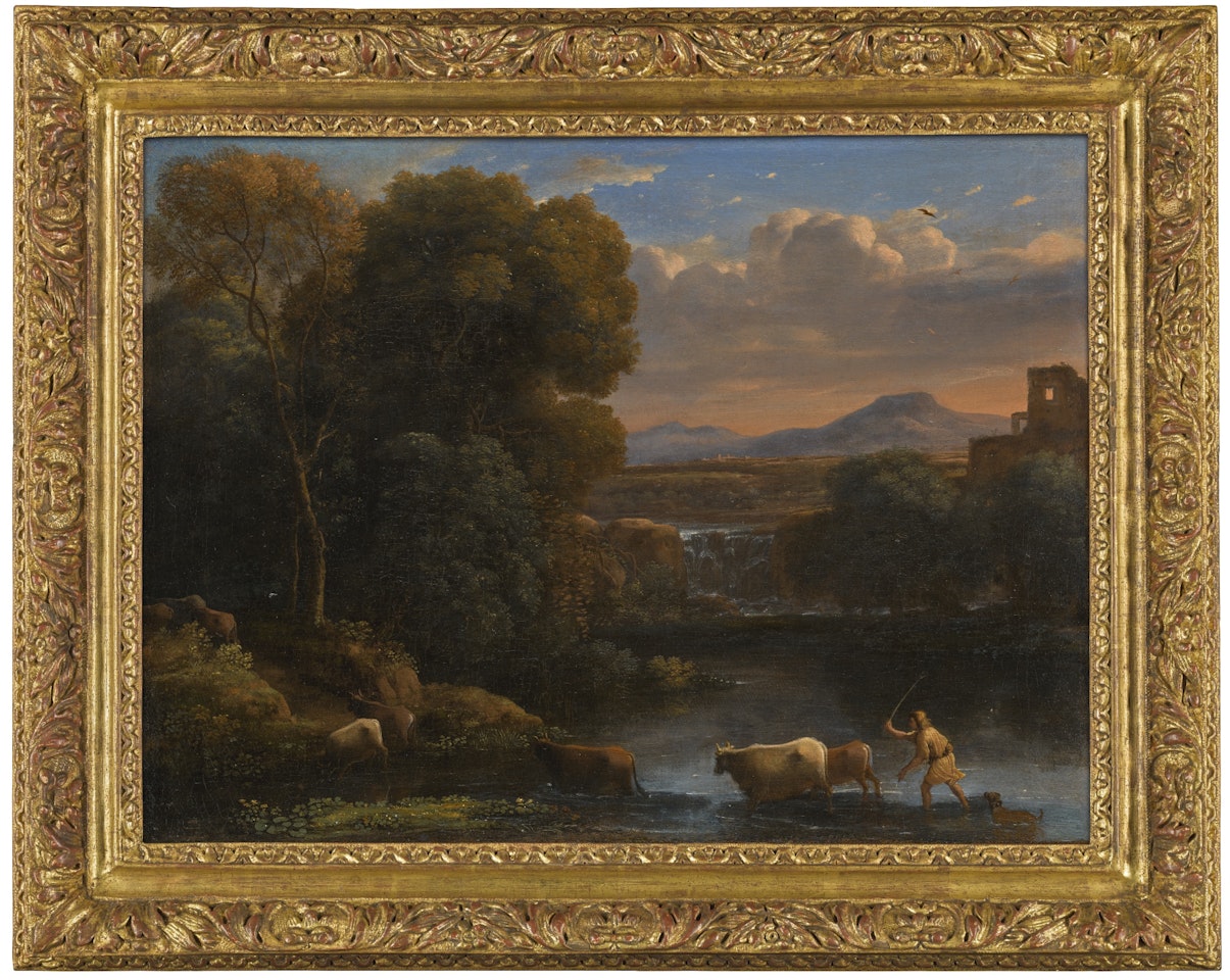 AN ITALIANATE LANDSCAPE WITH A DROVER AND HIS DOG DRIVING HIS CATTLE ACROSS A FORD, A WATERFALL BEYOND by Claude Lorrain