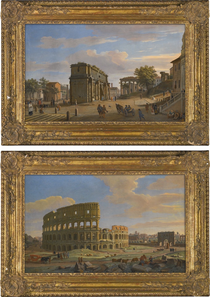 TWO VIEWS OF ROME: THE ARCH OF SEPTIMIUS SEVERUS WITH THE TEMPLE OF SATURN; AND THE COLOSSEUM WITH THE ARCH OF CONSTANTINE  by Gaspar van Wittel