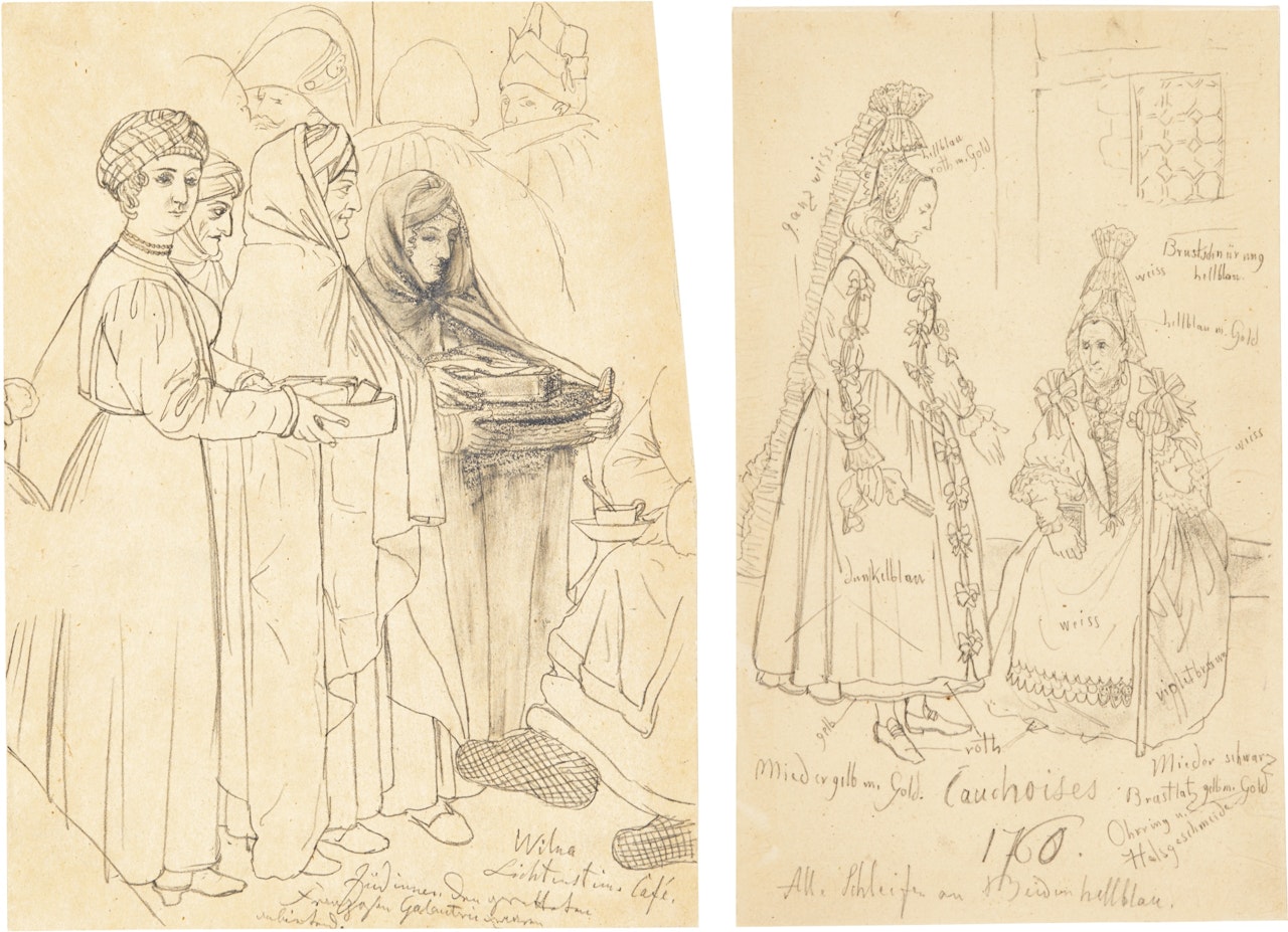 A) JEWISH WOMEN OFFERING FRENCH MEN AND WOMEN FASHION ACCESSORIES; B) COSTUME STUDIE by Adolph Menzel
