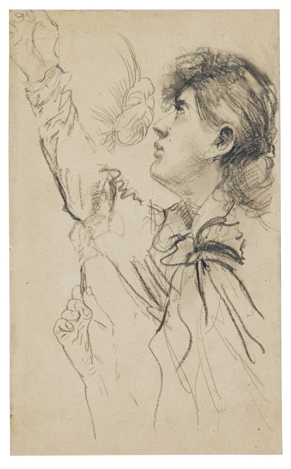 YOUNG WOMAN WITH HER RIGHT ARM RAISED AND SUBSIDIARY STUDIES OF HER HAIR AND HER HAND by Adolph Menzel