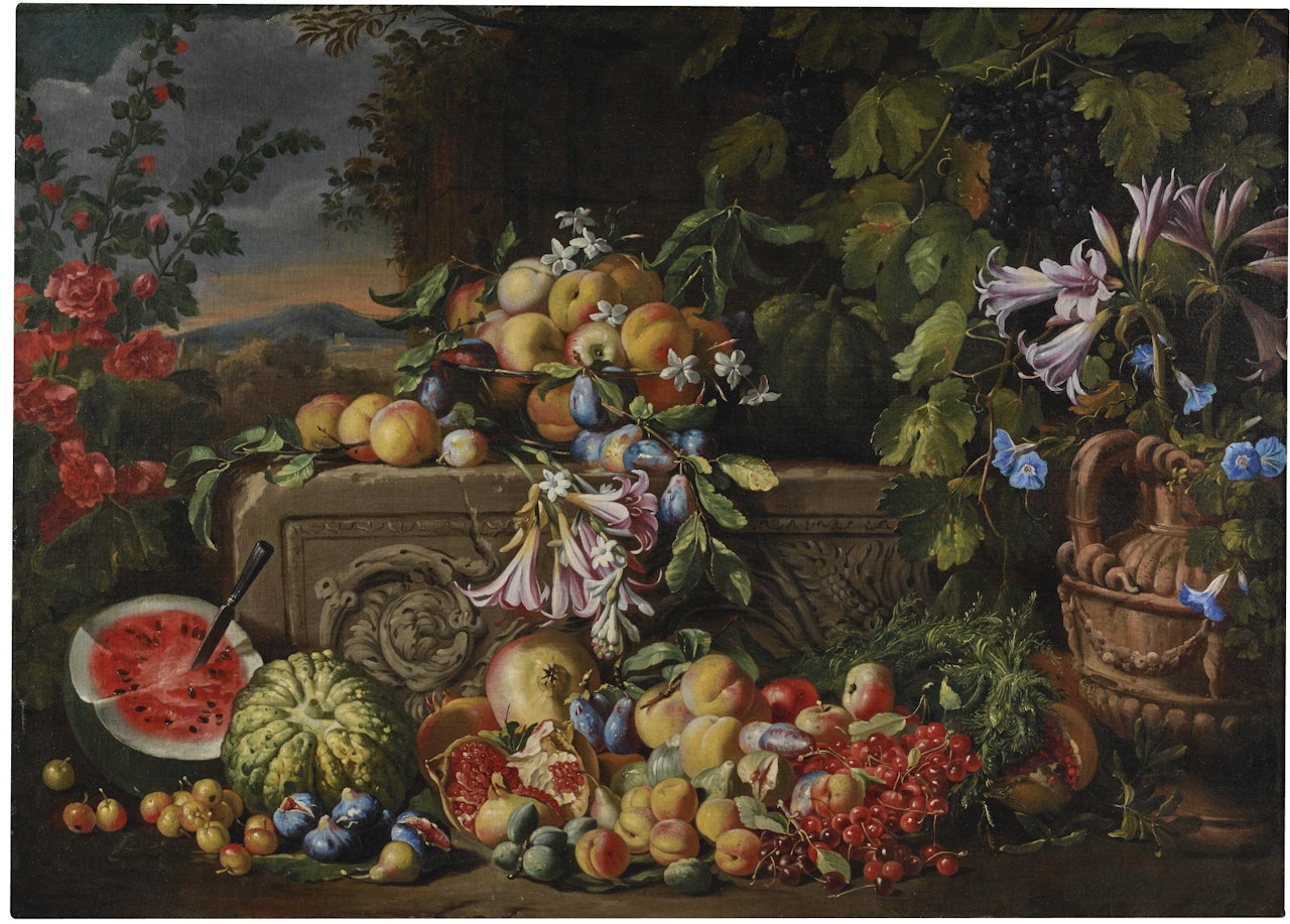 A STILL LIFE OF A WATERMELON, CHERRIES, PEACHES, APRICOTS, PLUMS, POMEGRANATES AND FIGS, WITH LILIES, ROSES, MORNING GLORY AND OTHER FLOWERS ON AN ACANTHUS STONE RELIEF by Abraham Brueghel
