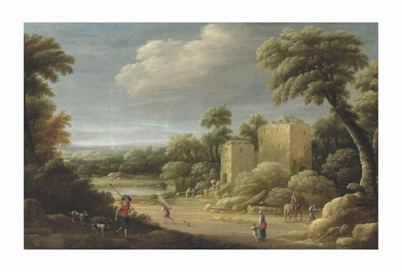 An extensive wooded landscape with townsfolk by a villa by Joost Cornelisz Droochsloot
