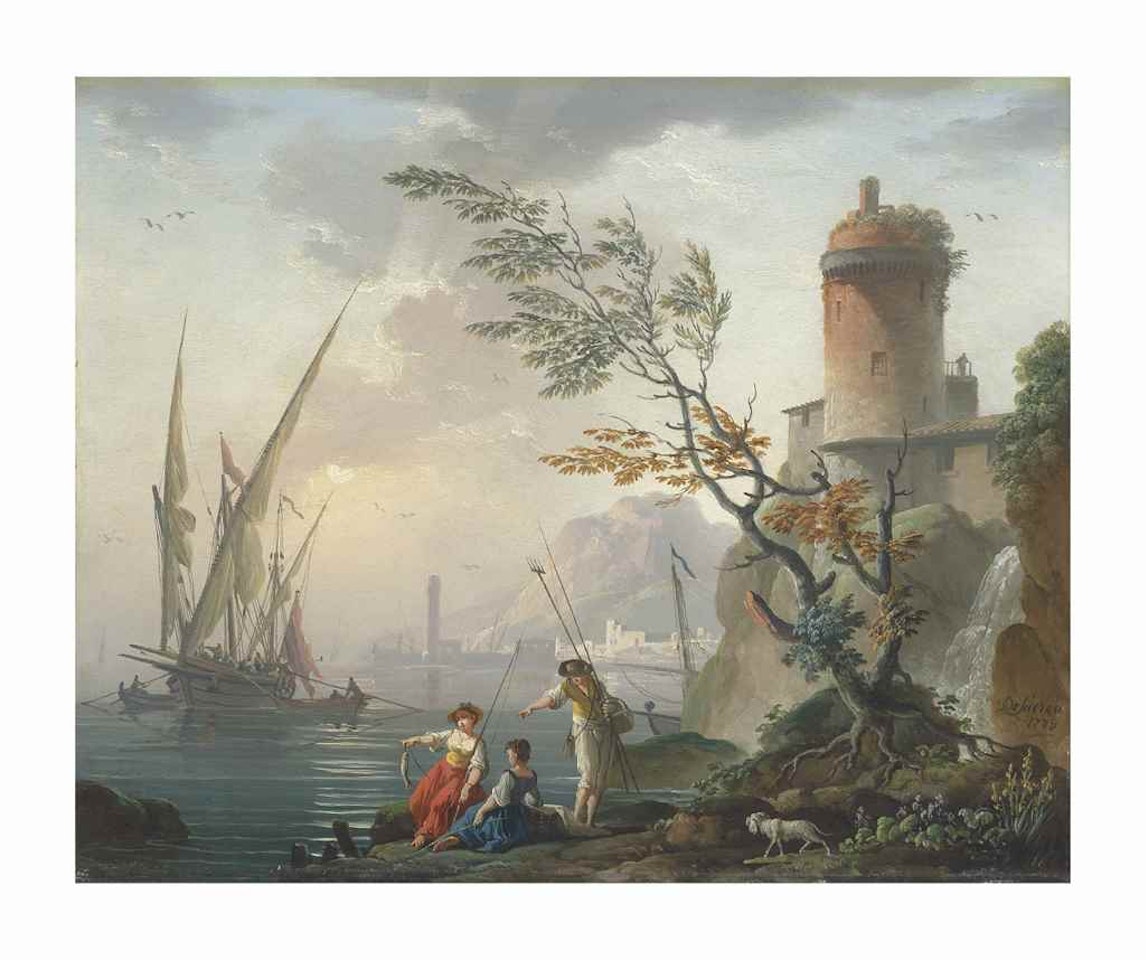 A Mediterranean seaport with figures by a fortified tower and a ship at anchor, a mountain beyond by Charles François Grenier de Lacroix de Marseille