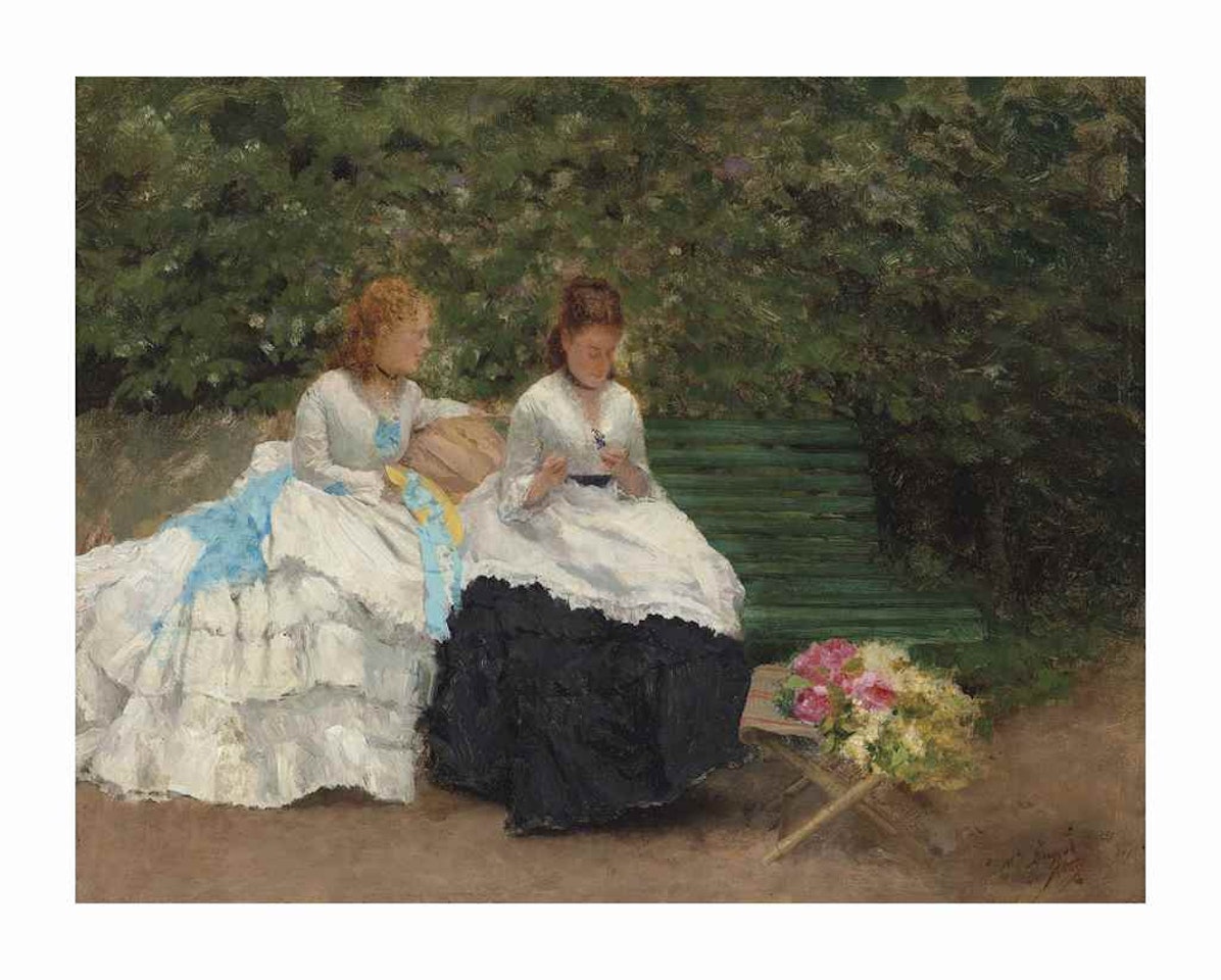 Suzanne e Madeleine Boussod su una panchina in giardino by Giuseppe de Nittis
