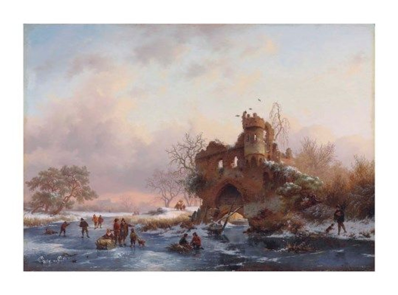 Winter landscape with skaters near a dilapidated castle by Fredrik Marinus Kruseman