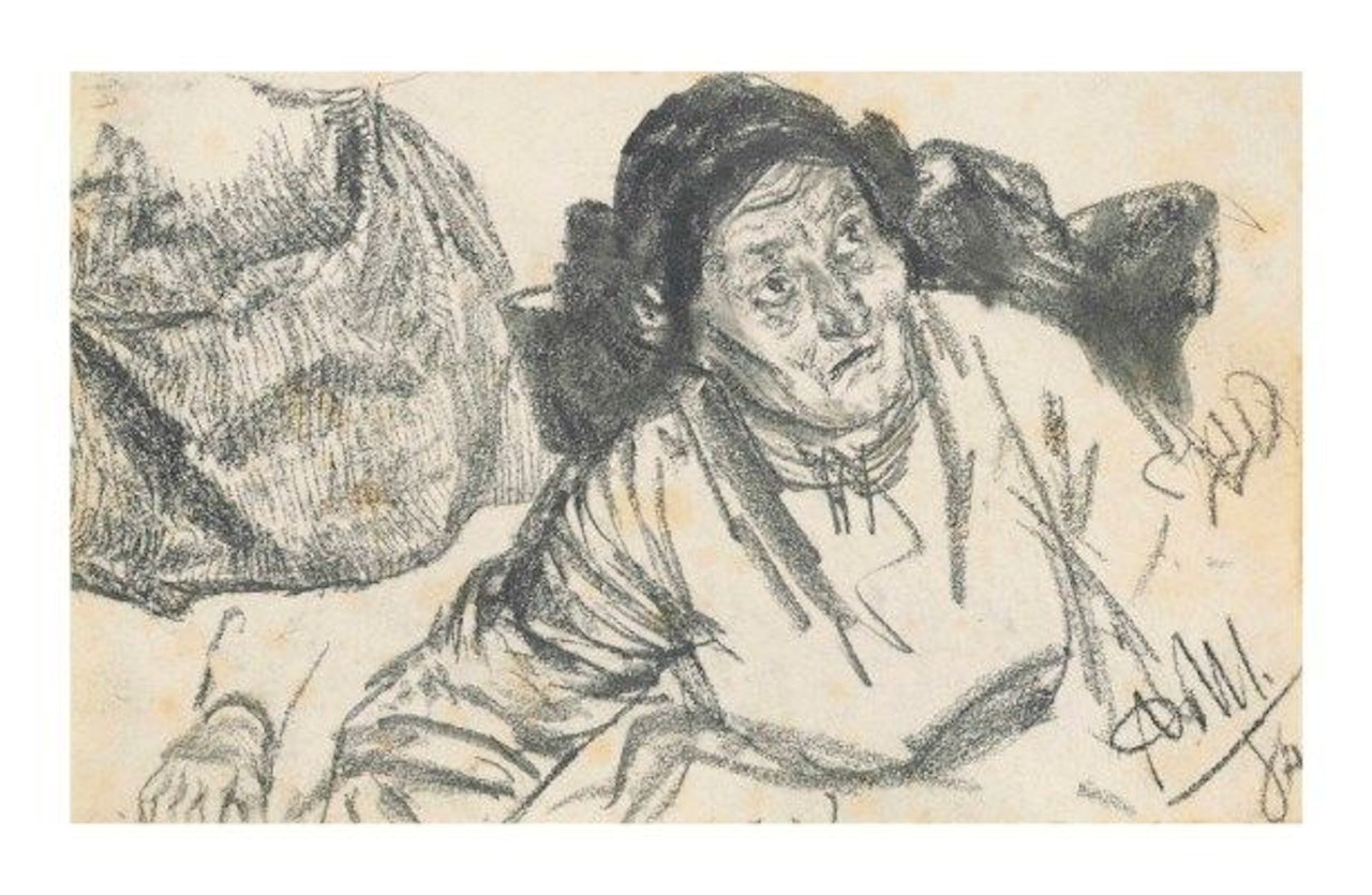 Ein boere frau mit Feuerholz, Schize. by Adolph Menzel