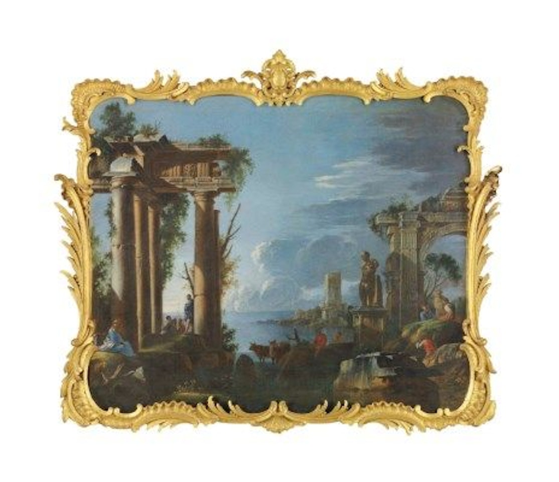 A capriccio of classical ruins with figures resting by columns and others conversing by Giovanni Ghisolfi