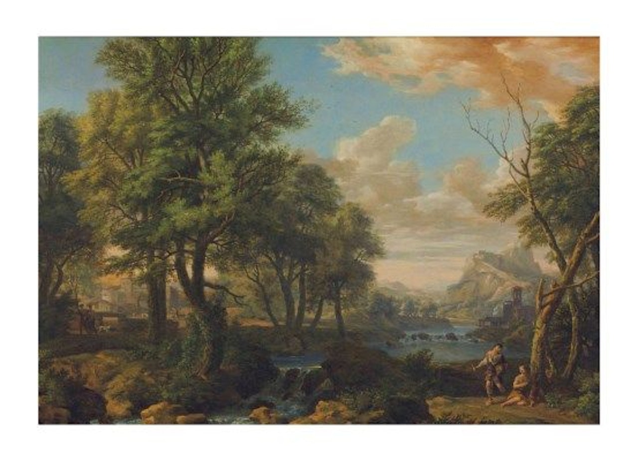 A river landscape with figures resting on a wooded path by Isaac de Moucheron
