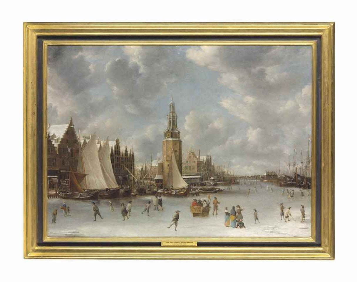 View of the Munttoren on the frozen Anstel, Amsterdam, with figures skating by Jan Abrahamsz. Beerstraten