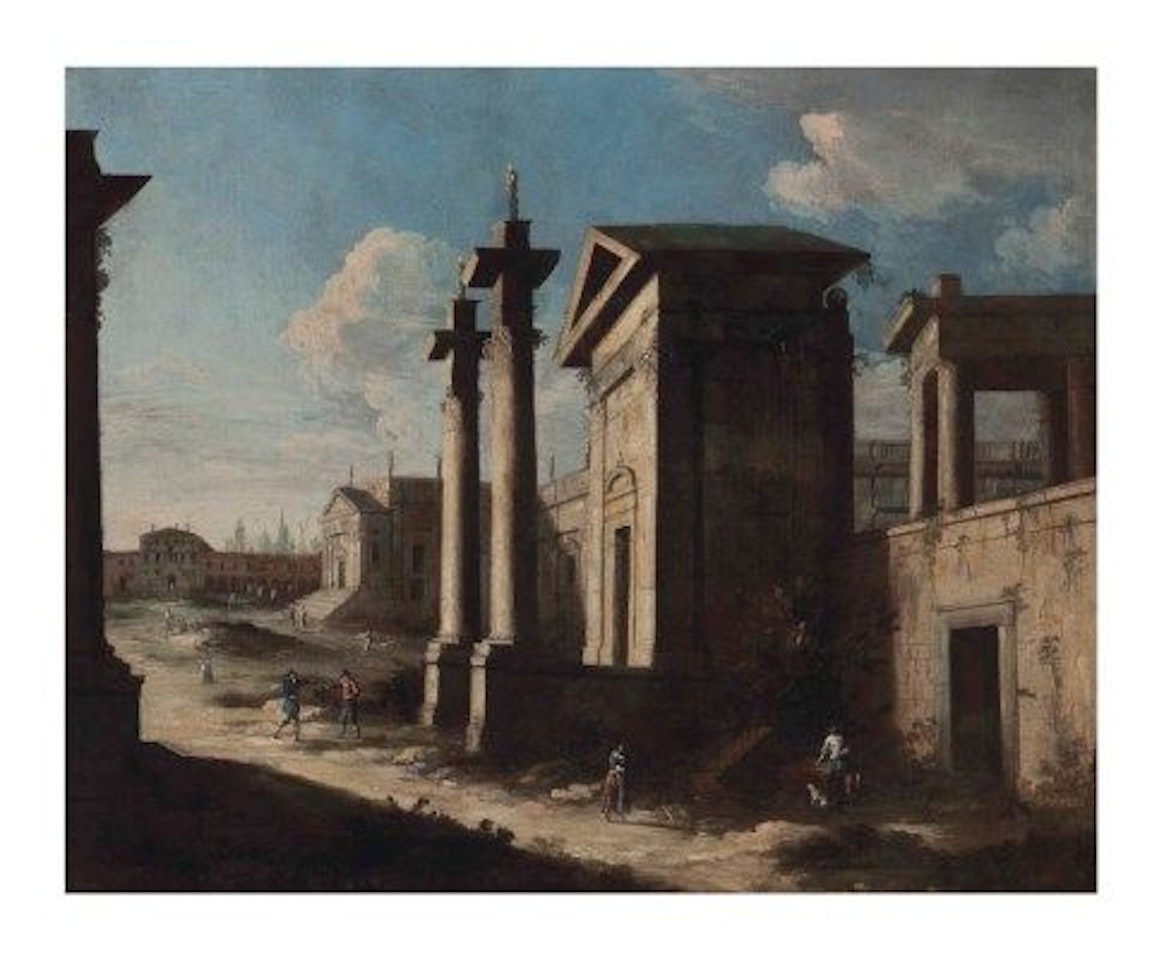 An architectural capriccio with figures conversing by Apollonio Domenichini