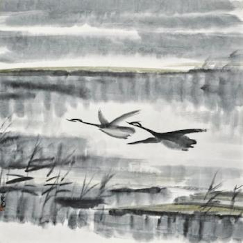 Two Geese Flying by Lin Fengmian