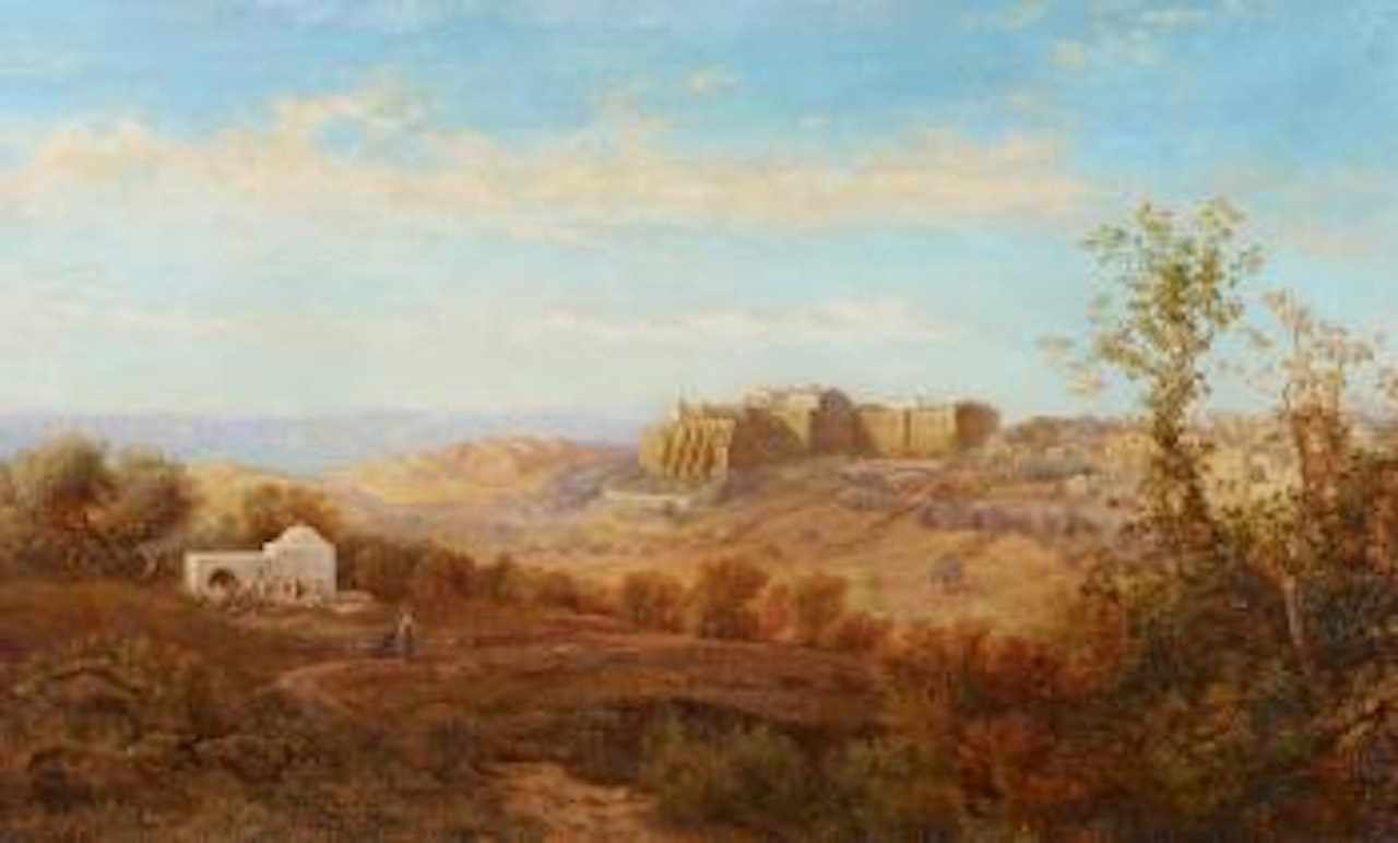 Way to Bethlehem (with Moab Mountain Range) with Rachel's Tomb and the Curch of the Nativity by Gustav Bauernfeind