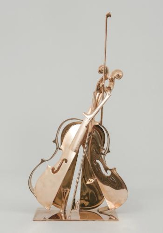 Untitled (Sliced cast violin and bow incorporated on rectangular base) by Arman