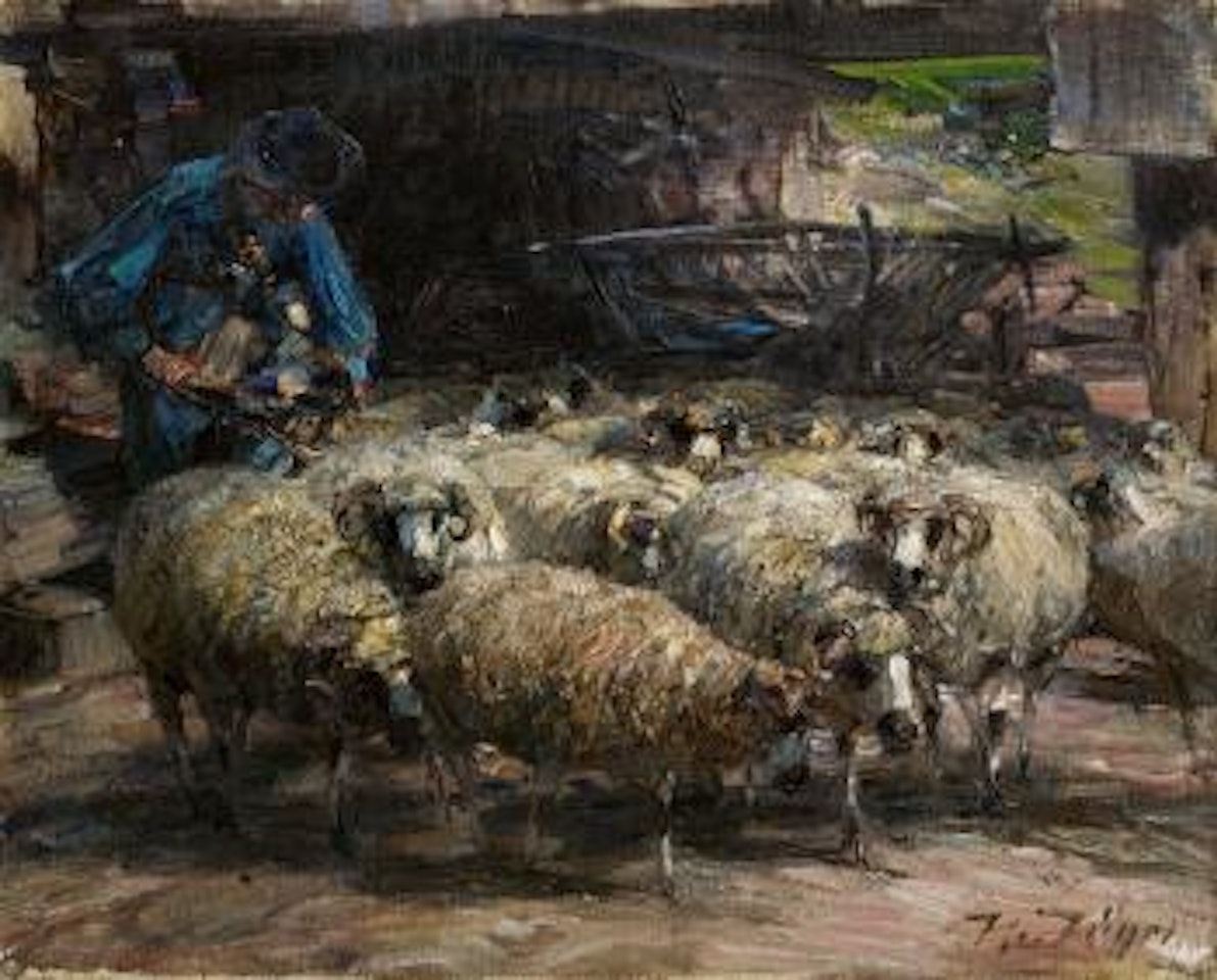 A shepherd letting his flock out of the stable by Heinrich von Zugel