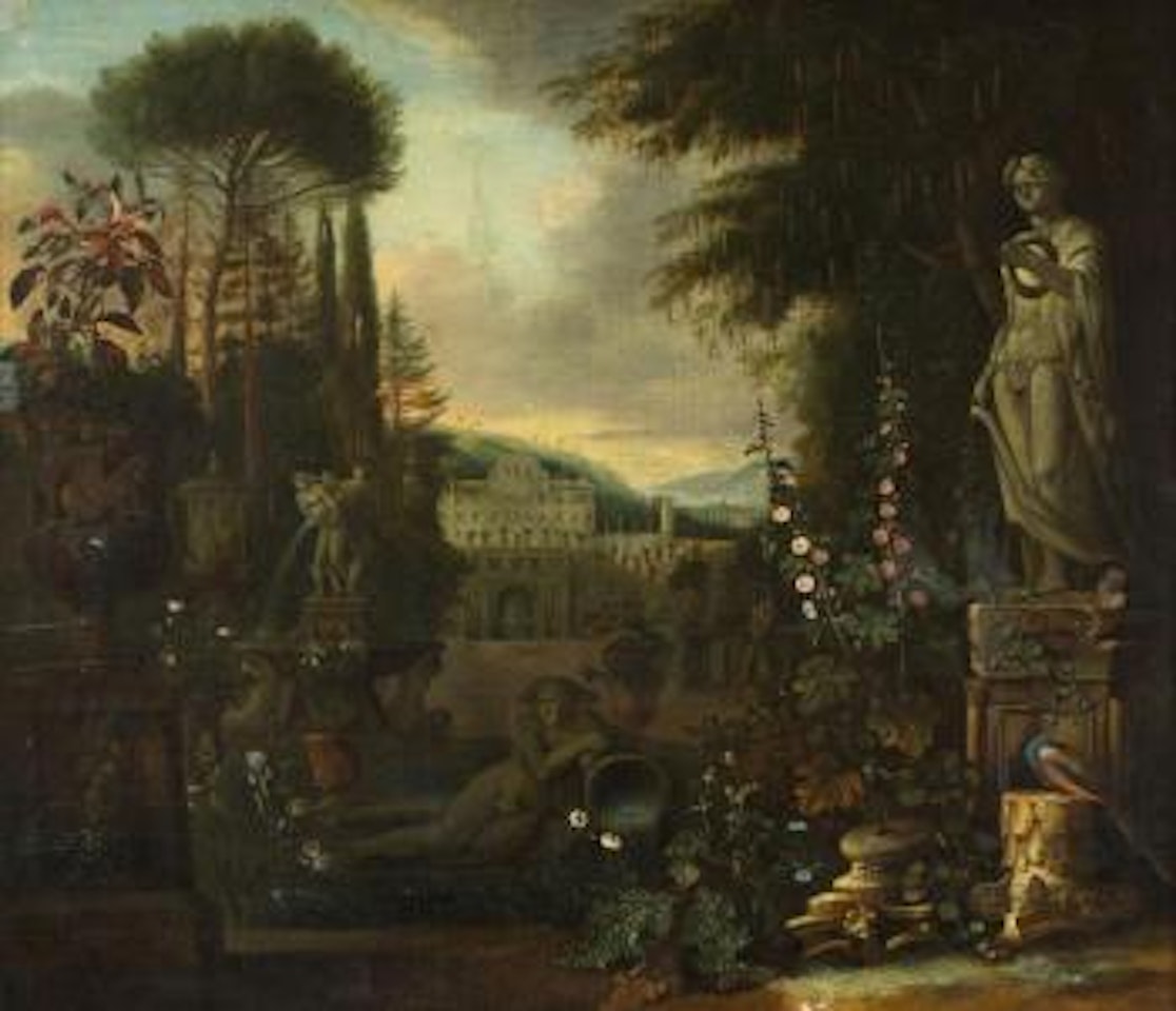 Scène de parc la nuit avec statues et palais Aldobrandini by Dutch School