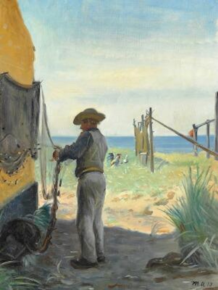 Fisherman mending his net a summer day in front of his house, Skagen by Michael Ancher