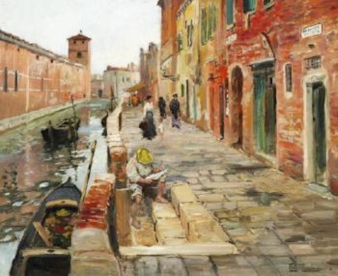 People strolling along a Venetian canal near the Arsenal. In the foreground a man reading by Fritz Thaulow