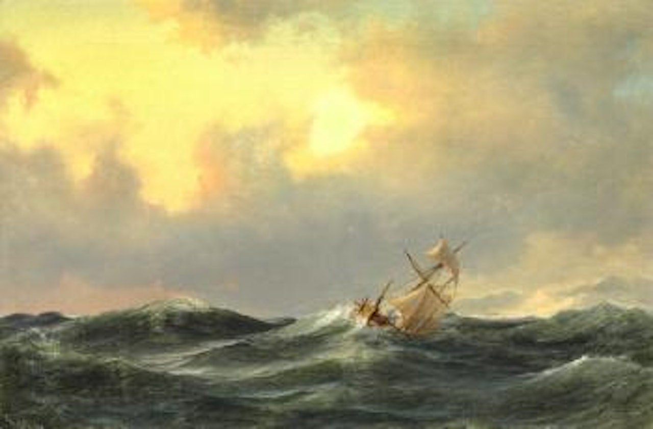 Sea scape with sailing ship in high sea at evening time by Anton Melbye