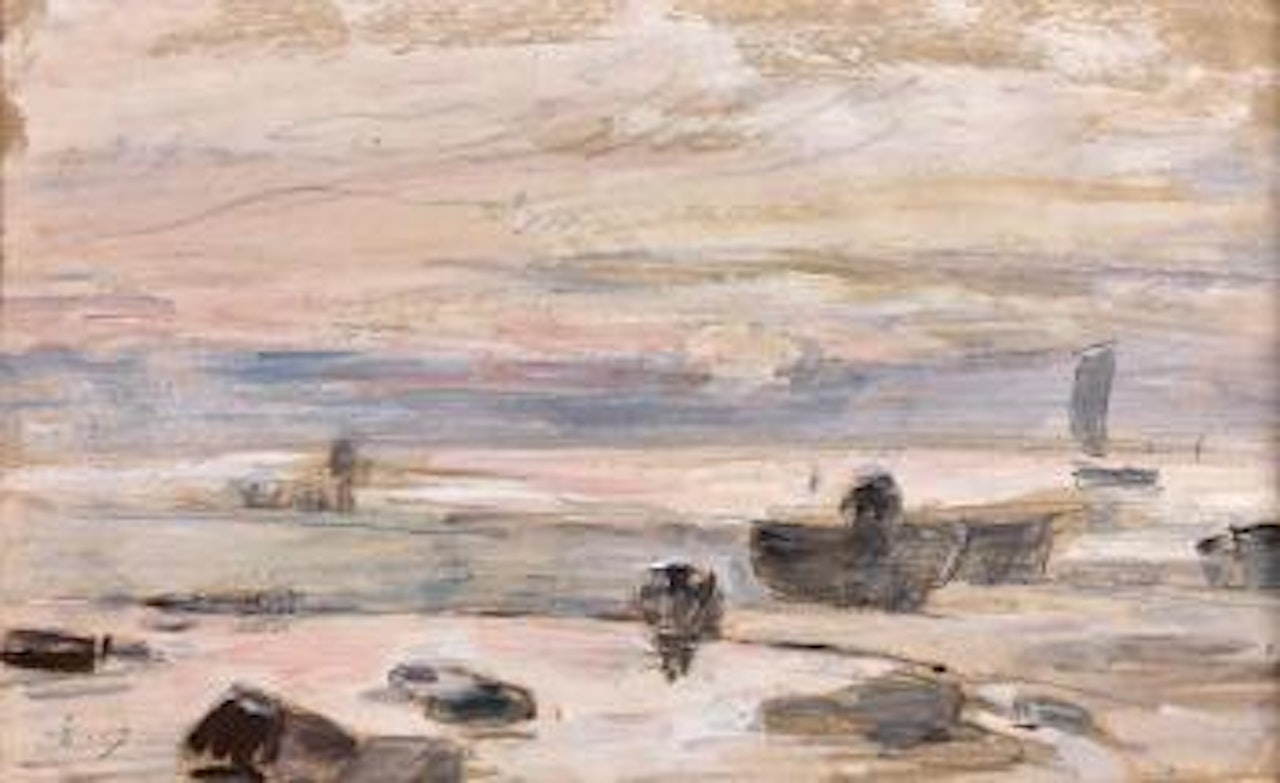 Pêcheur et barque de pêche au crépuscule , by Eugène Boudin