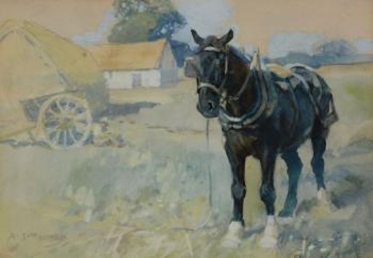 Working horse in Suffolk farm scene , by Alfred James Munnings