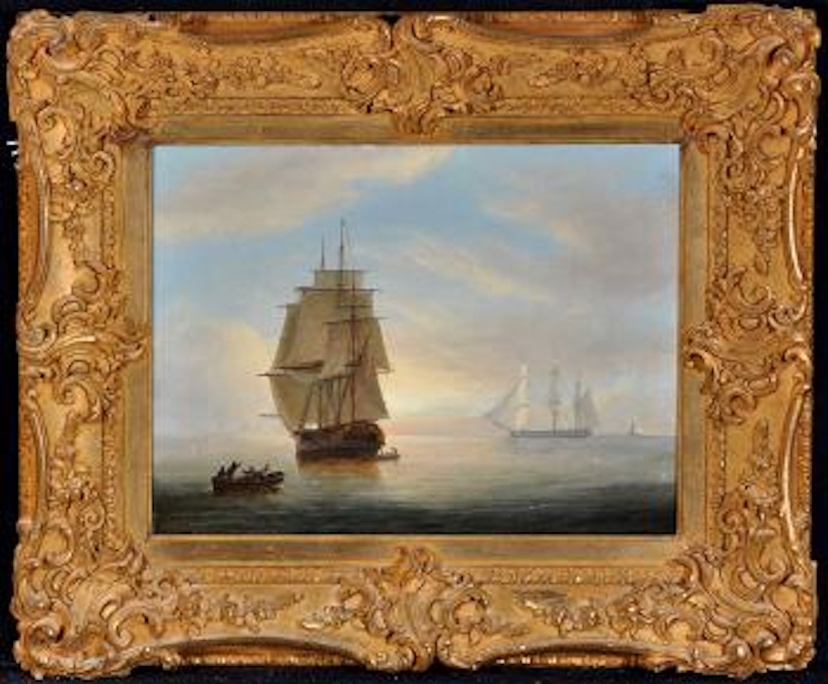 A sailing ship at dusk in calm water ,
1826 by Thomas Luny