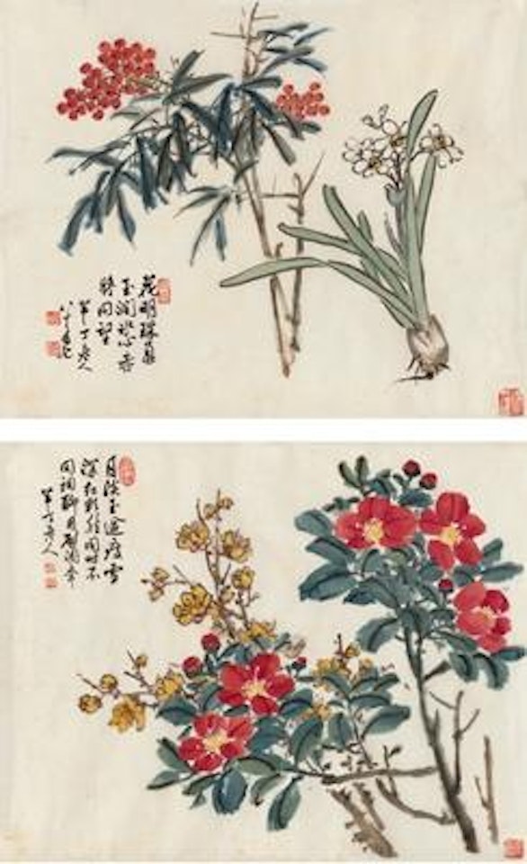 Bamboo and narcissus; Prunus and camellia , by Chen Banding
