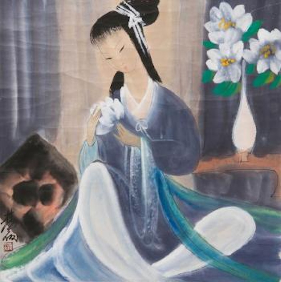 Jeune femme assise avec fleur de lotus , by Lin Fengmian