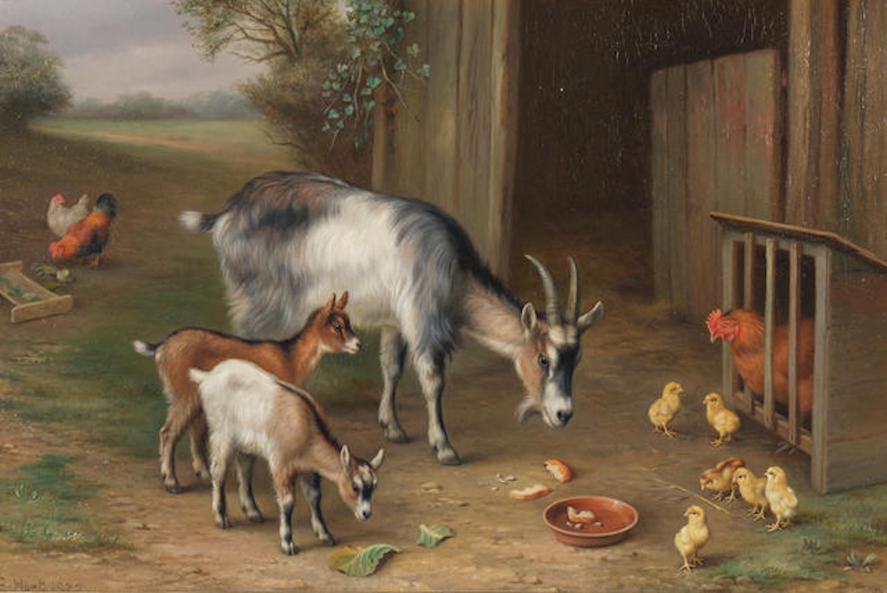 Goats and chickens in a farmyard; Donkeys and chickens in a farmyard by Edgar Hunt