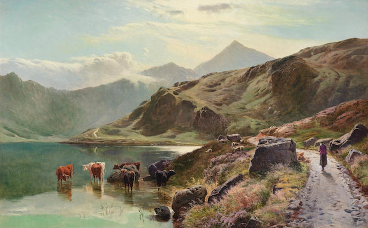 Cattle watering near Snowdonia by Sidney Richard Percy