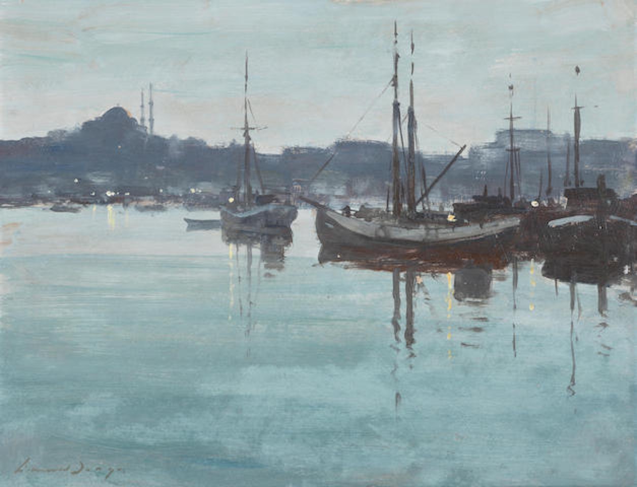 Fishing boats at anchor, dawn, Istanbul by Edward Seago