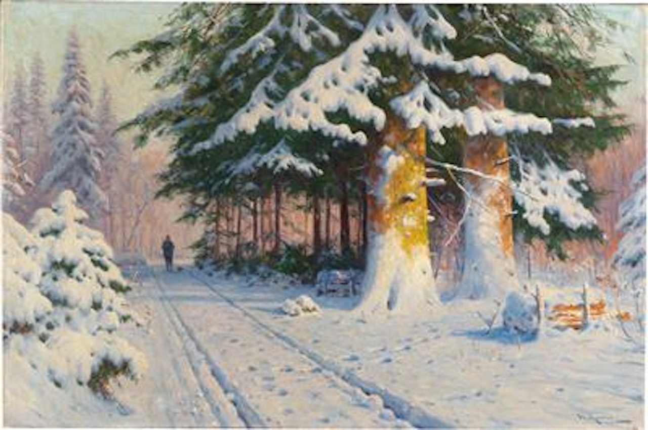 Hunter Returning Home in a Winter Woodland by Walter Moras