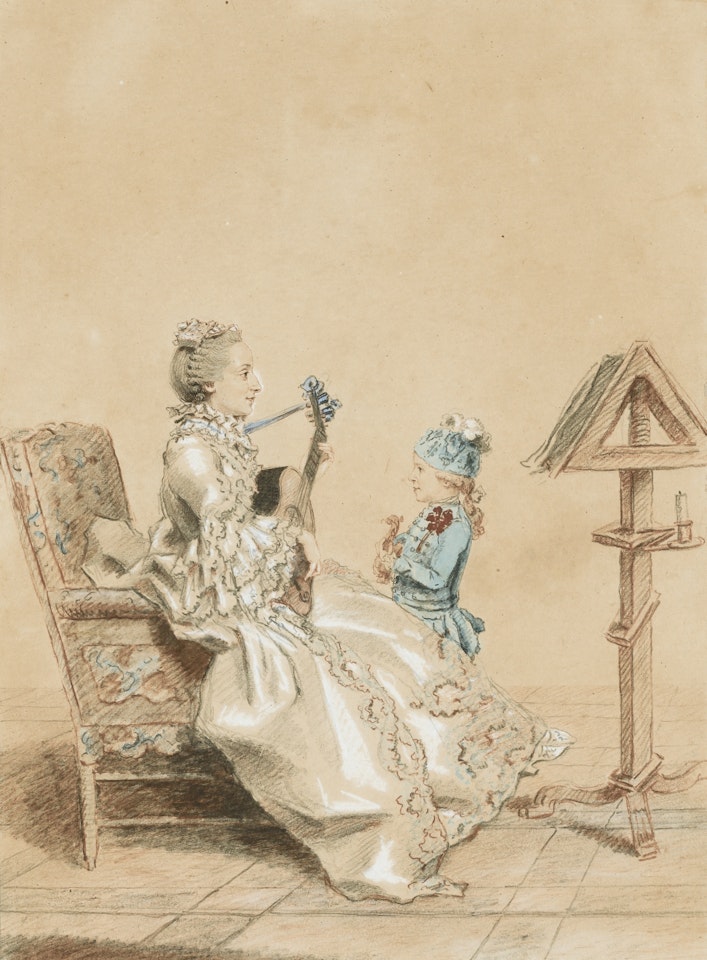 PORTRAIT OF A LADY PLAYING THE GUITAR, WITH A CHILD by Louis Carrogis Carmontelle