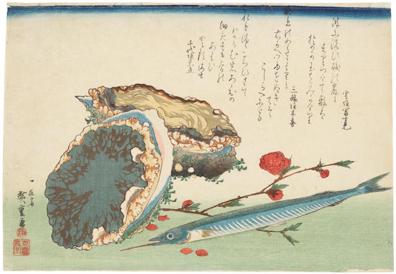 Awabi (abalone) and sayori (needlefish) with peach-blossoms below poems by Utagawa Hiroshige