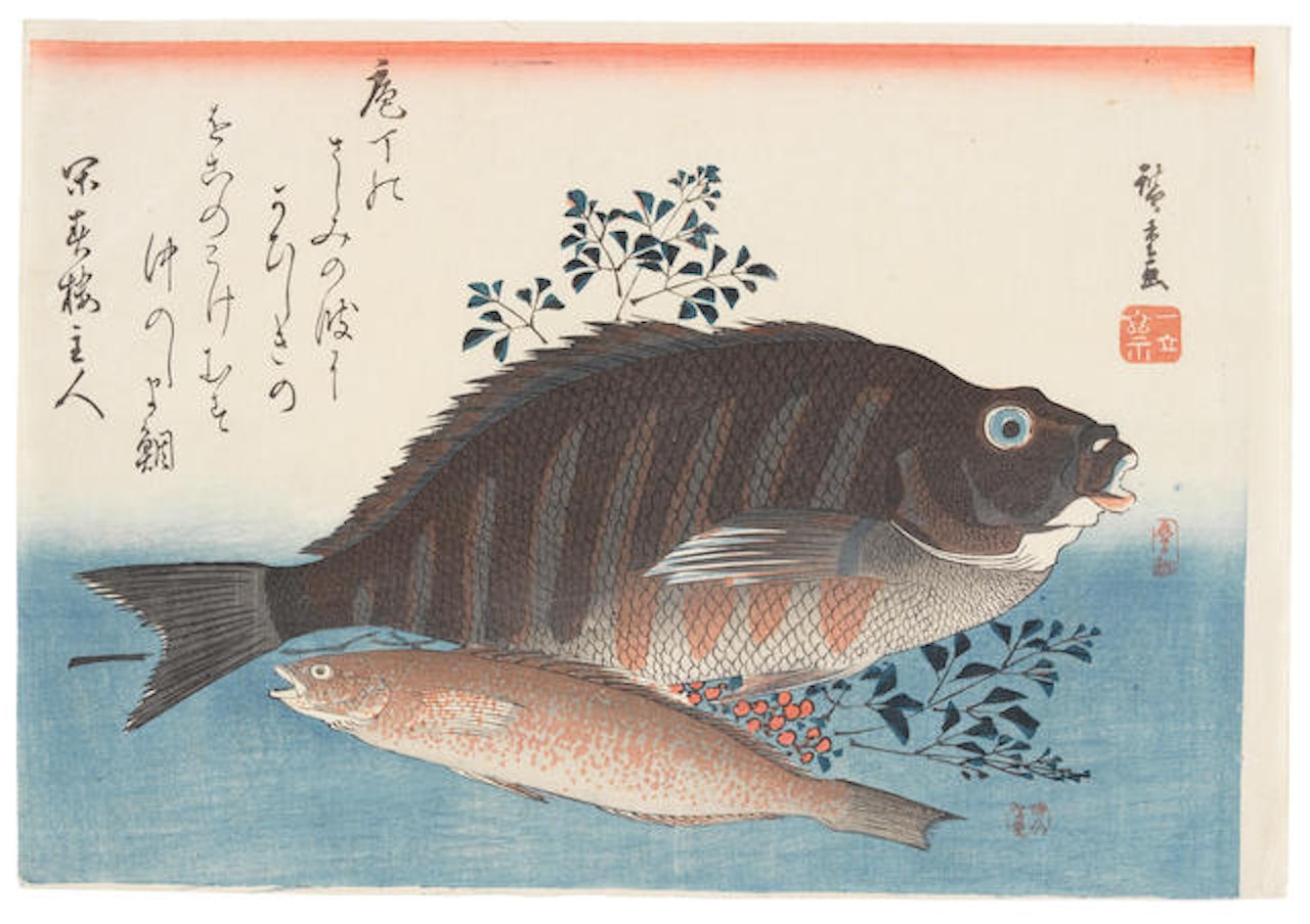 Large Fish: Striped Sea Bream, Rock-trout and Nandina, and Mackerel, Crab and Morning Glory by Utagawa Hiroshige