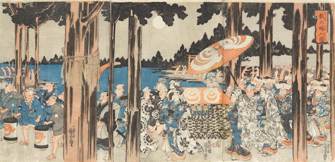 Kitsune no yomeiri (Foxes' Wedding); Chushingura juichidanme Ryogoku-bashi sei-soroi zu (Act XI of the Storehouse of Loyal Retainers: The Ronin Assemble at Ryogoku Bridge) by Utagawa Kuniyoshi