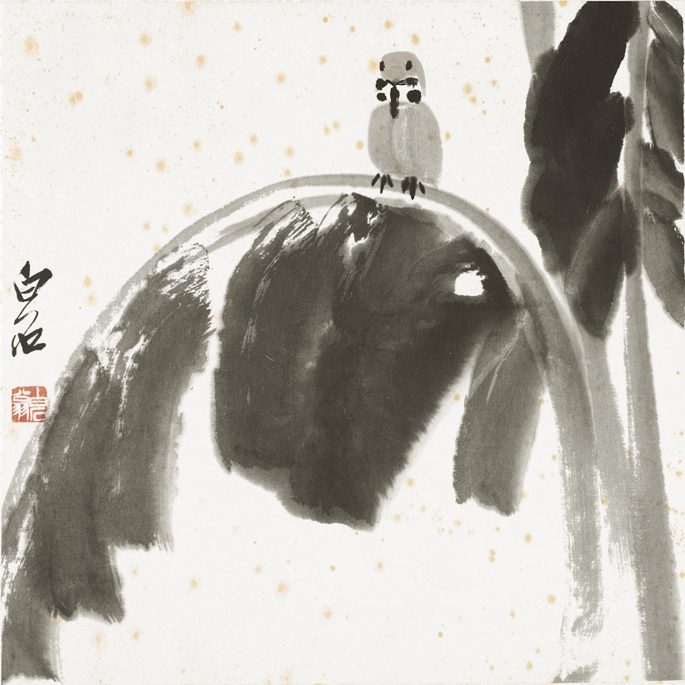SPARROW ON BANANA LEAF by Qi Baishi