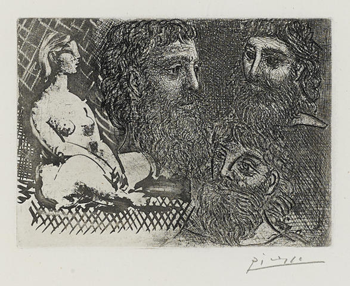 Femme nue assise et trois têtes barbues, pl. 25, from La Suite Vollard by Pablo Picasso