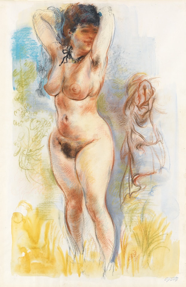 Nude With Raised Arms, Standing In A Landscape by George Grosz