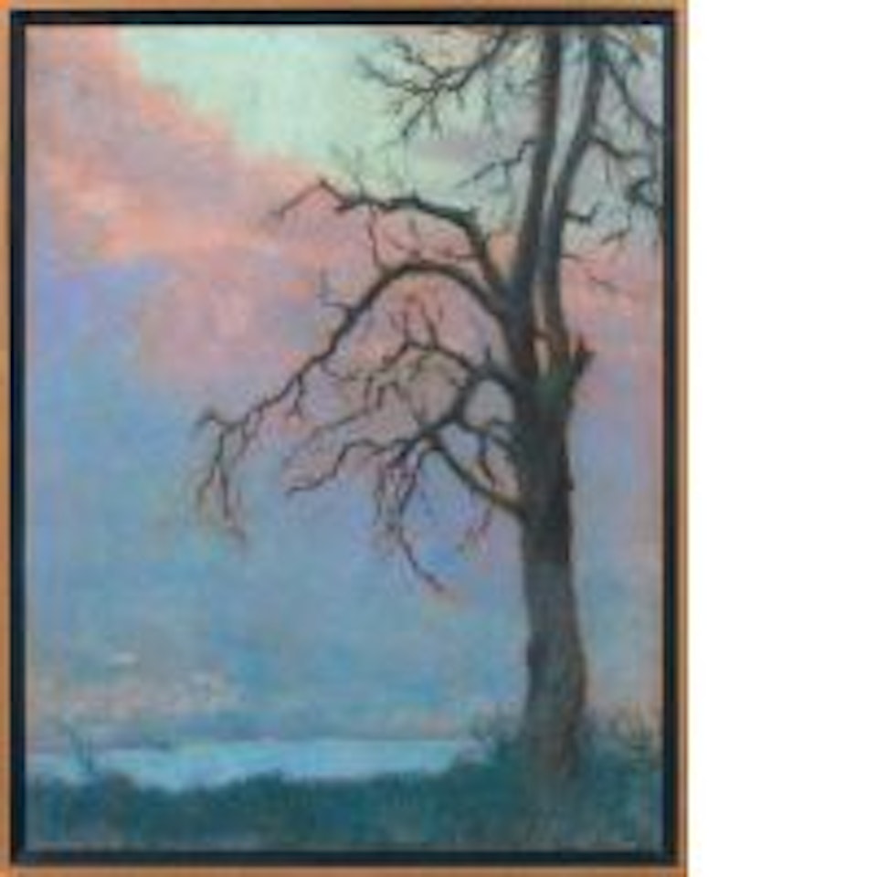 Large trees at the edge of a mountain lake by Lucien Lévy-Dhurmer
