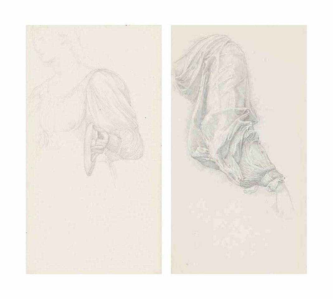 Studies for 'The Golden Stairs': two drapery studies, one with a study of baby (verso) and one study of a female figure holding a cymbal, with a study of a baby (verso) by Edward Coley Burne-Jones