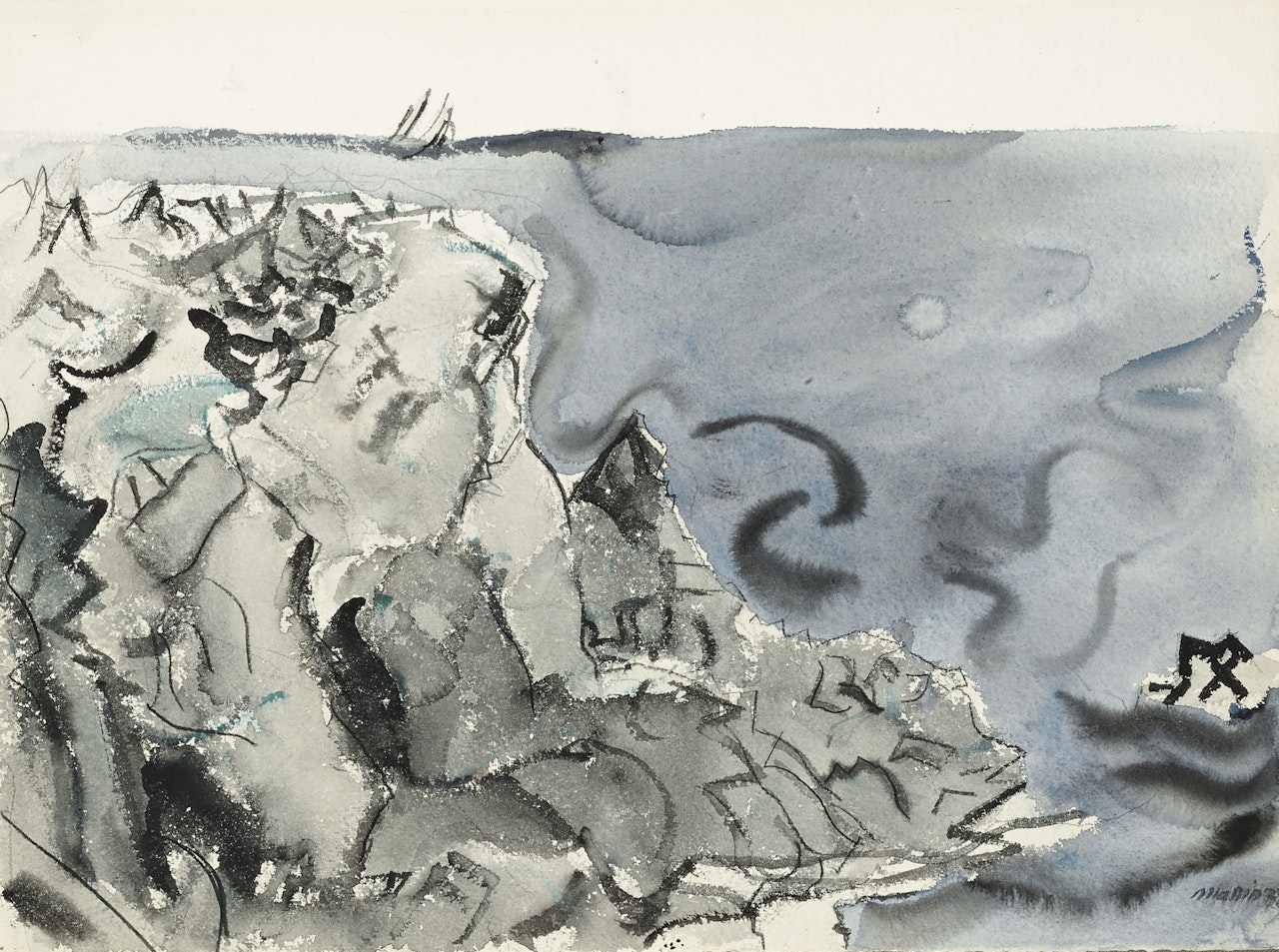 GREY ROCK, BLUE GREY SEA AND BOAT by John Marin