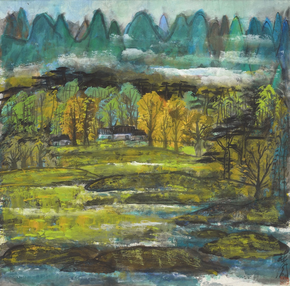 VILLAGE IN AUTUMN WOODS by Lin Fengmian