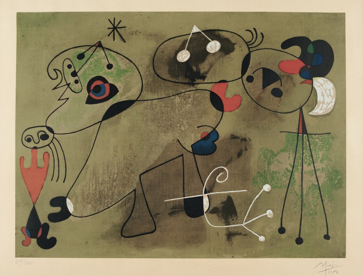 PERSONNAGE ET ANIMAUX ; AND COMPOSITION SUR FOND VERT by Joan Miró