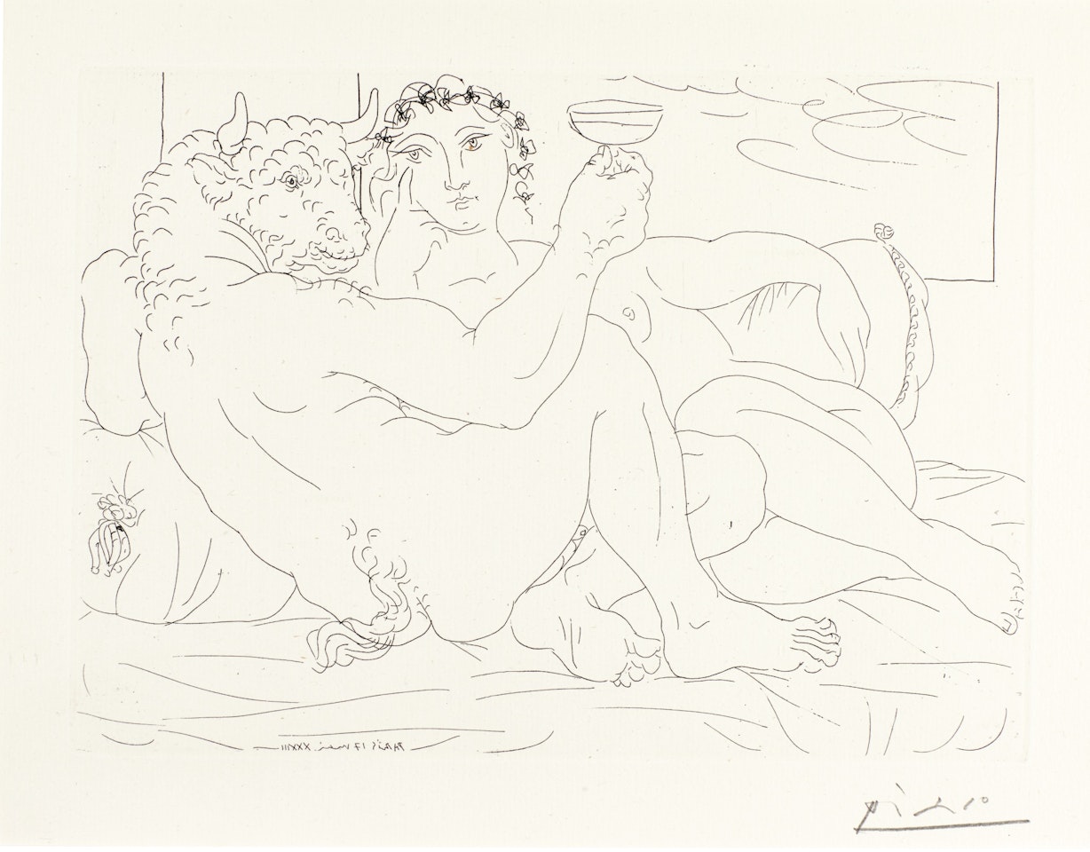 MINOTAURE, UNE COUPE À LA MAIN, ET JEUNE FEMME by Pablo Picasso