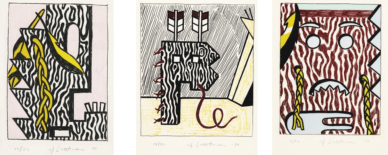 HEAD WITH FEATHERS AND BRAID; FIGURE WITH TEEPEE; AND HEAD WITH BRAIDS  by Roy Lichtenstein