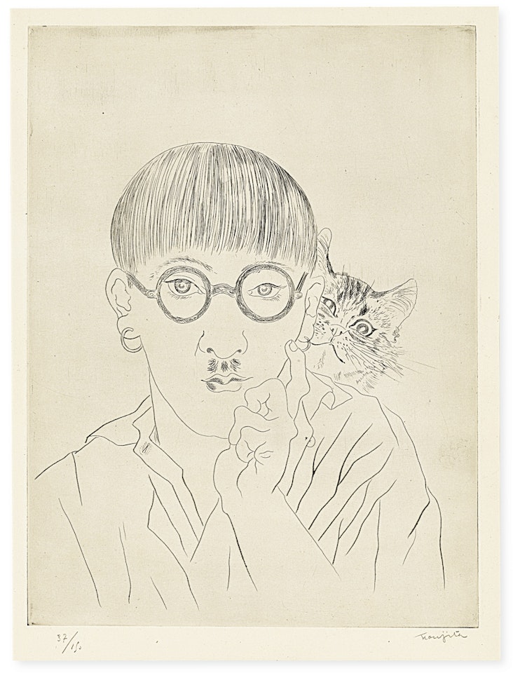 SELF-PORTRAIT WITH CAT  by Leonard Tsuguharu Foujita
