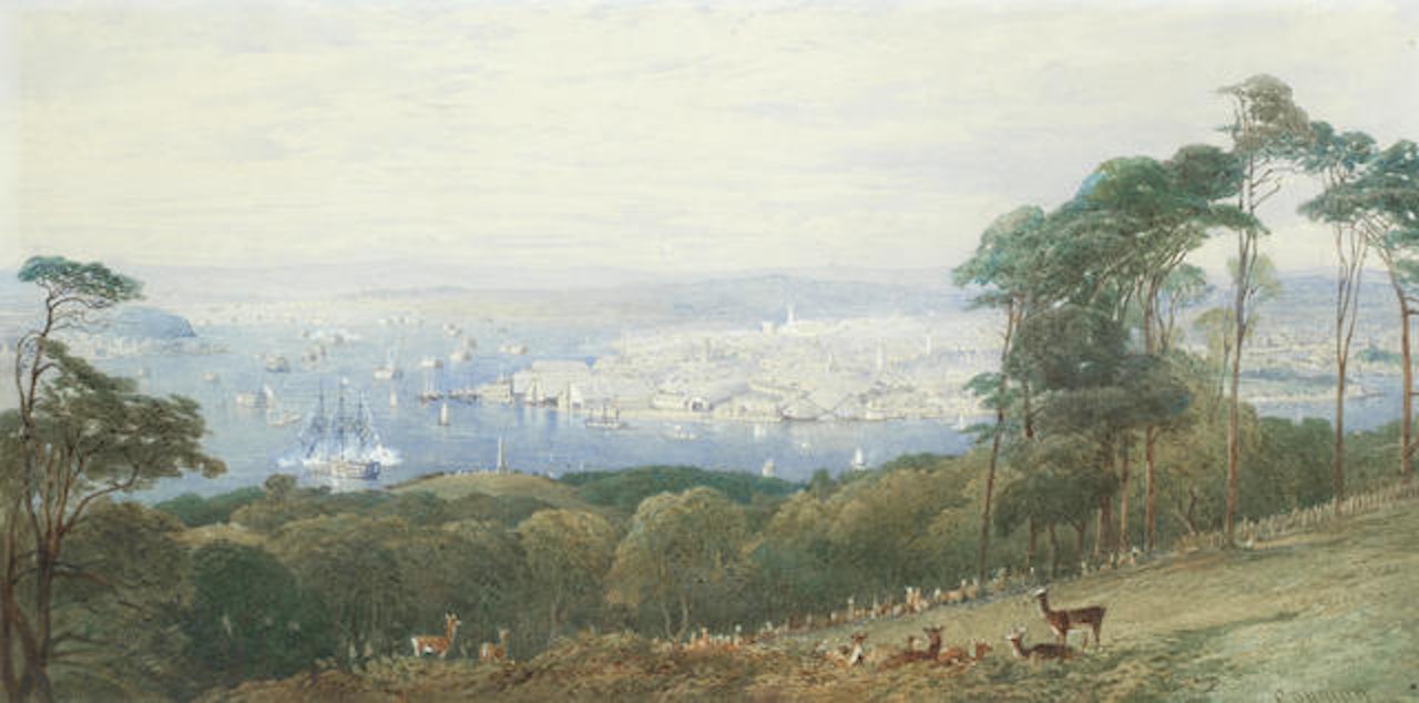 A view from Mount Edgecumbe across the River Tamar to Devonport, Plymouth by Edward Duncan