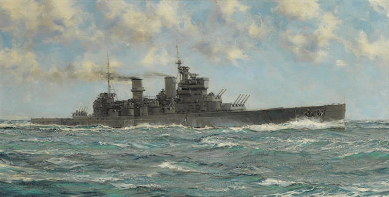 H.M.S. Howe steaming at speed in open water by Montague Dawson