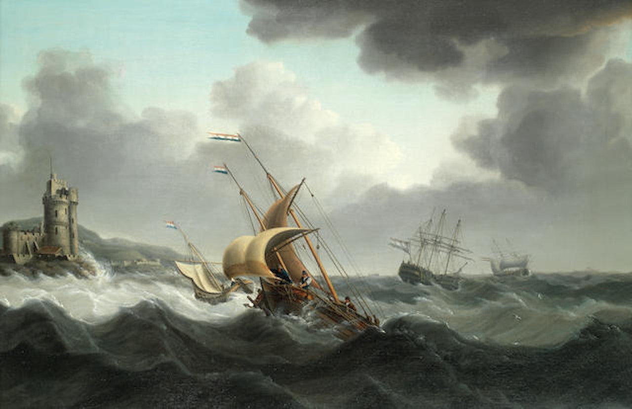 Shipping in rough waters off a fortified headland by Charles Martin Powell