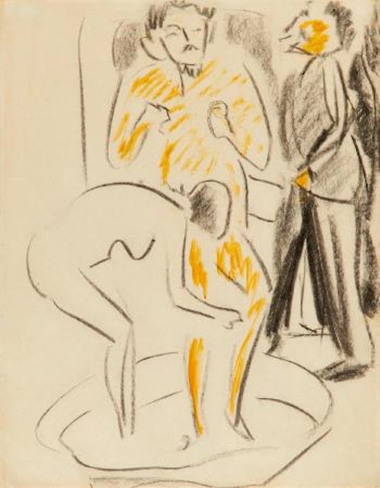 Im Zuber (Feminine nude study with two gentlemen) ,
1910
-
1911 by Ernst Ludwig Kirchner